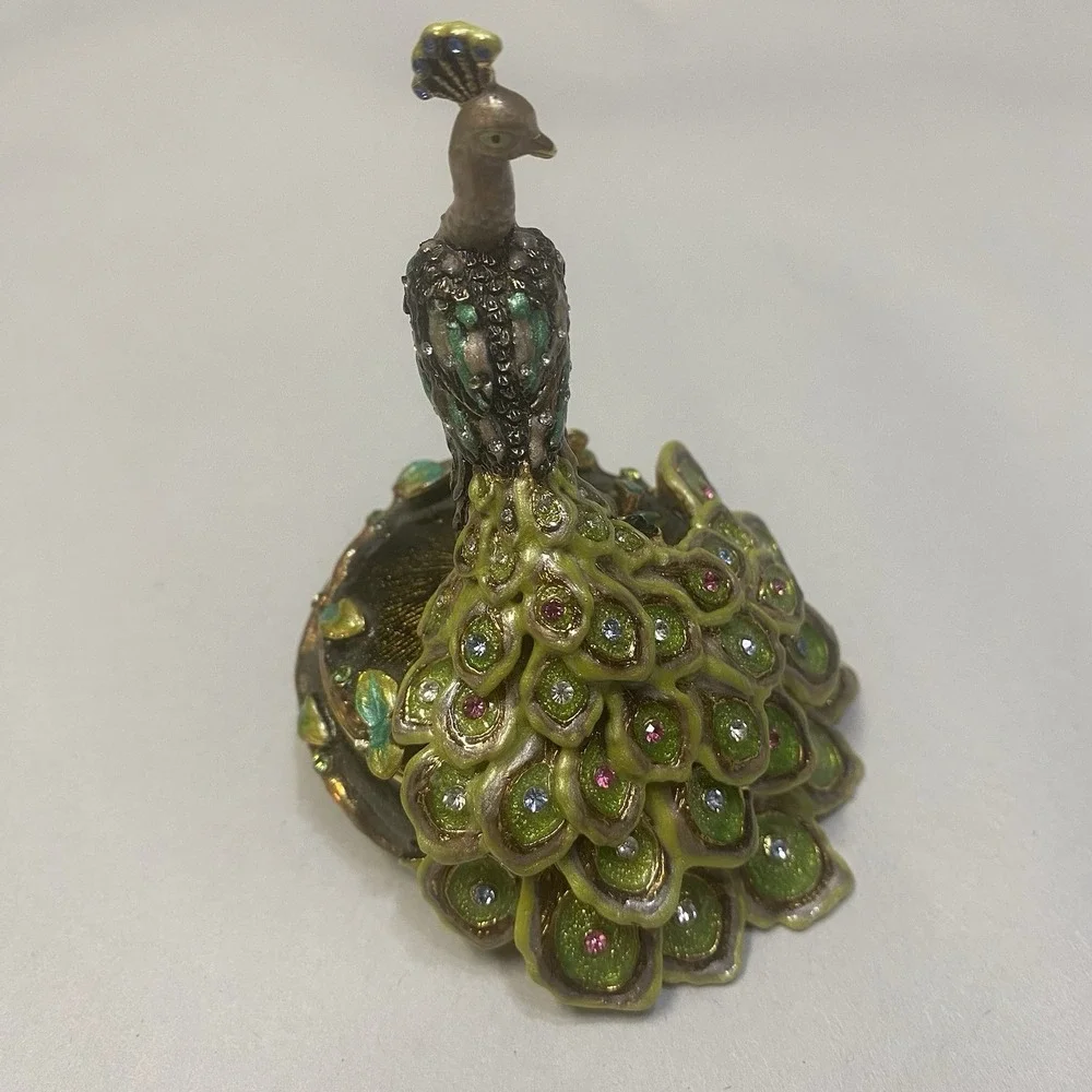 Enameled Rhinestone Peacock Trinket Box Jewelry Ring Holder Magnet Closure
